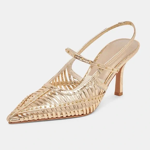 🆕 Dolce Vita Distressed Gold Strap Cage Leather Slingback Pointed Toe Heels 9.5 - Picture 6 of 17